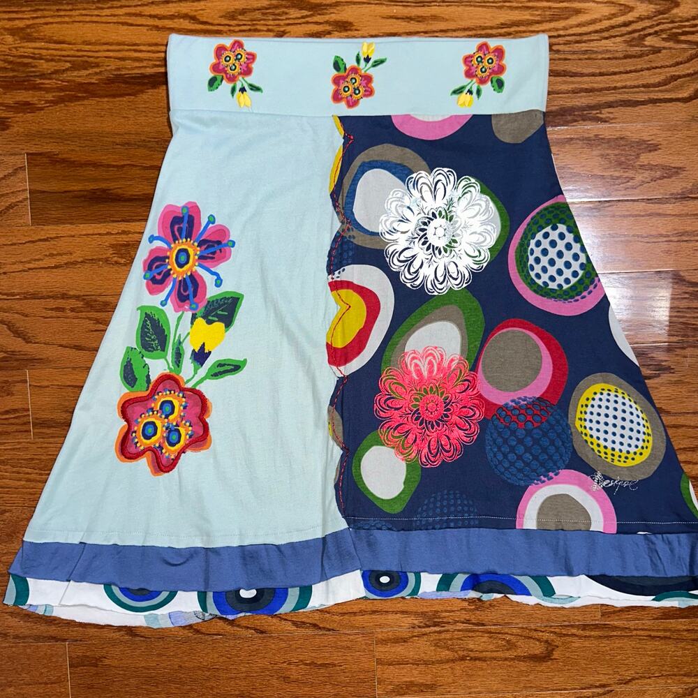 Desigual Colorful Boho Art Embroidered Floral Cotton A-Line Skirt Size Large - Picture 6 of 16